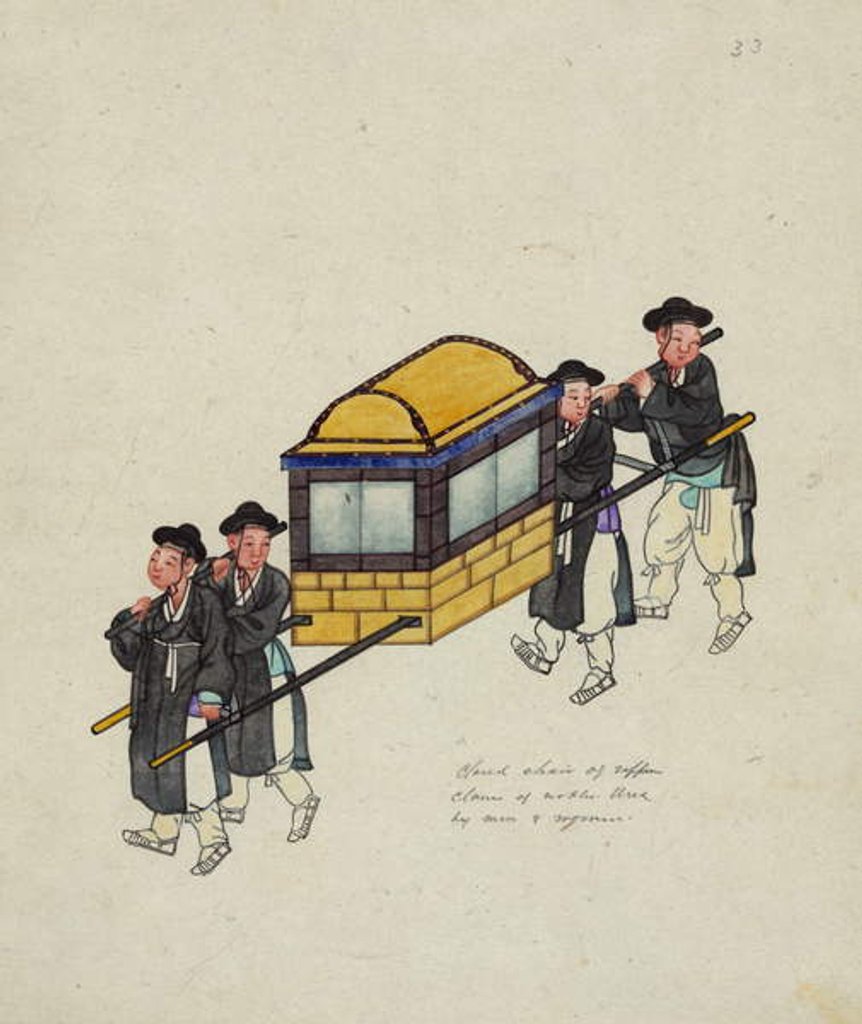 Detail of Four porters carrying an official in a 'gama' or palanquin, c.1890 by School Korean