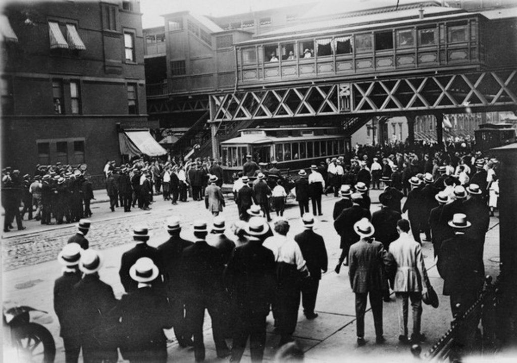 Detail of Strikes, street railways, New York. Stopped car on 86th St. and 6th Ave., 1916 by American Photographer