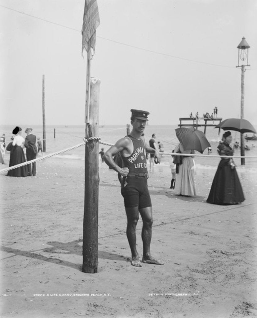 Detail of A Life guard on Brighton Beach, Brooklyn, New York, 1901-06 by Detroit Publishing Co.