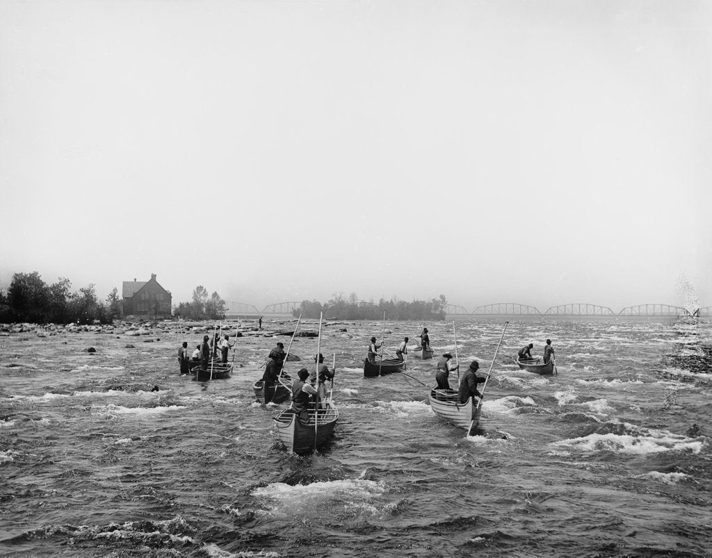 Detail of Indians fishing in the rapids, Sault Ste. Marie, Michigan, c.1900 by Detroit Publishing Co.