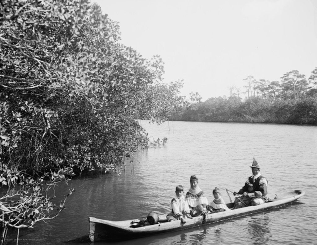 Detail of Seminole Indian and family dugout canoe, Miami, Florida, c.1910-20 by Detroit Publishing Co.