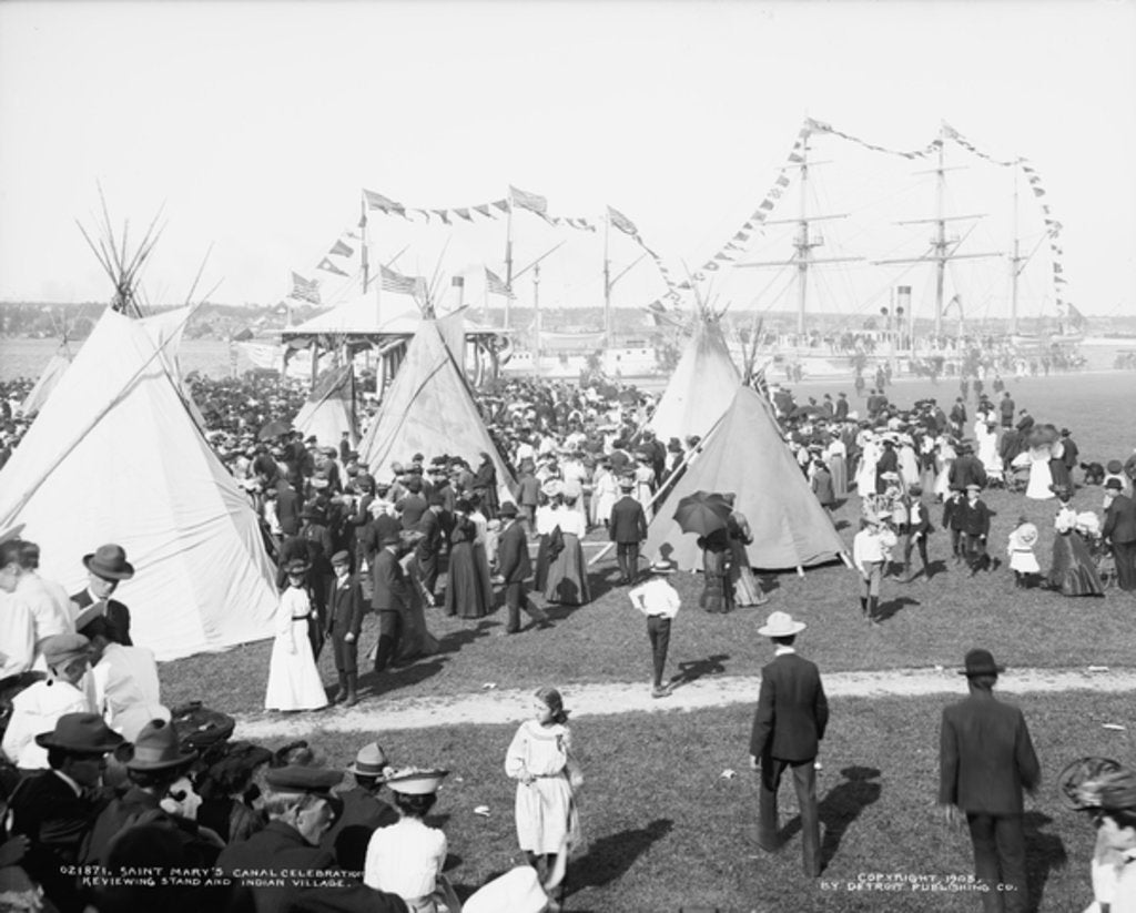 Detail of Saint Mary's Canal celebration, reviewing stand and Indian village, c.1905 by Detroit Publishing Co.