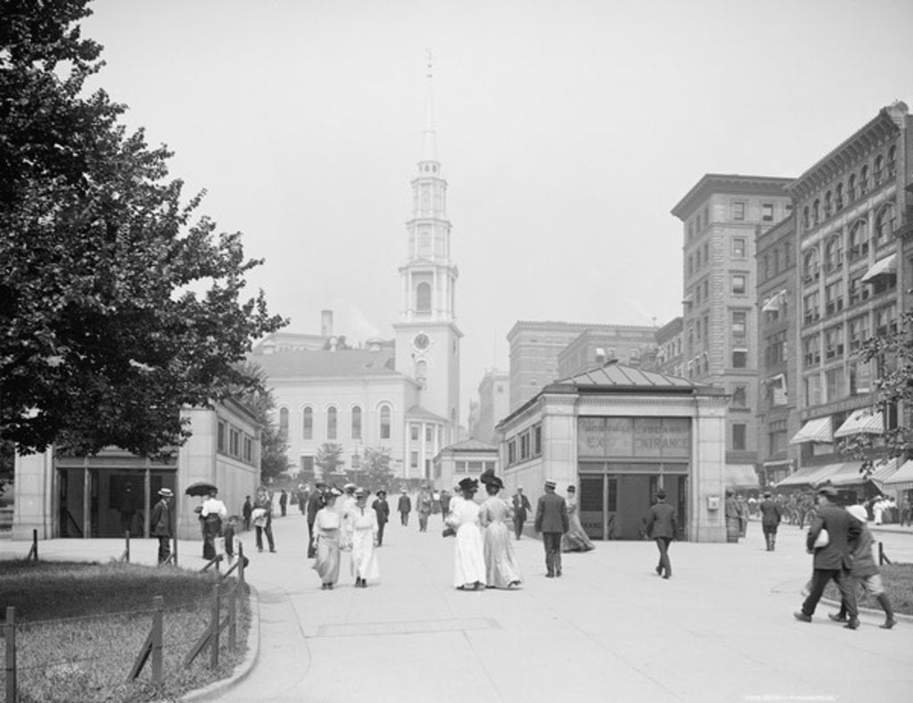 Detail of Park Street Church and Tremont Street mall, Boston, Massachusetts, c.1906 by Detroit Publishing Co.