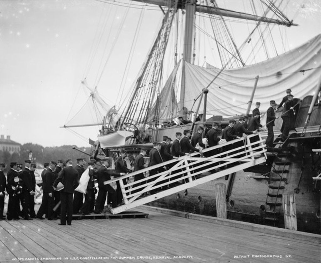 Detail of Cadets embarking on U.S.S. Constellation for summer cruise, U.S. Naval Academy, Annapolis, Maryland, c.1890-1901 by Detroit Publishing Co.
