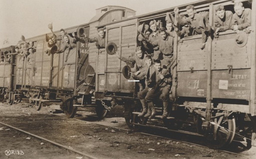 Detail of U.S. Marines in France off for camp, 1917 by American Photographer