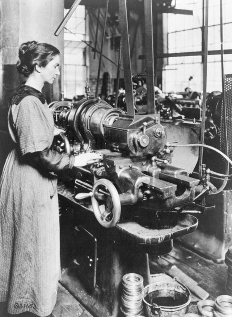 Detail of Woman working at internal thread milling machine, Norton Grinding Co., Worcester, Ma., during World War I by American Photographer