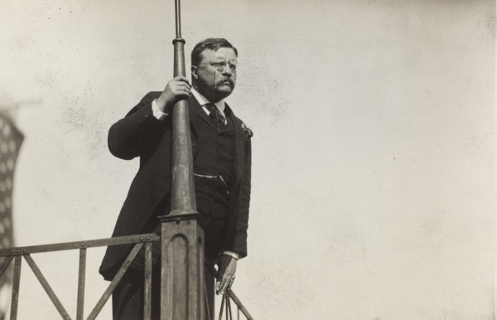 Detail of Theodore Roosevelt looking out from a balcony, 1911 by Unknown photographer