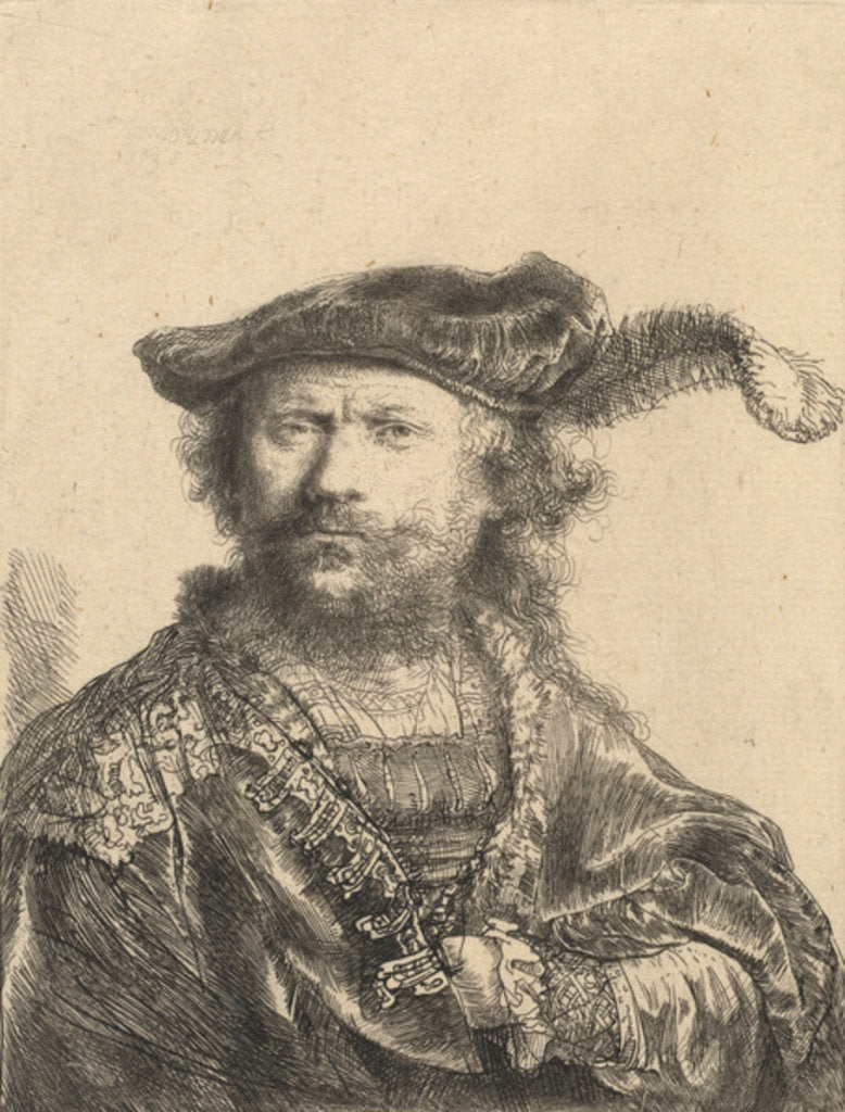Detail of Self Portrait in a Velvet Cap with Plume, 1638 by Rembrandt Harmensz. van Rijn