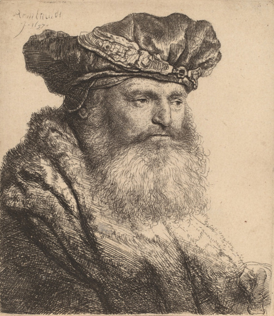 Detail of Bearded Man in a Velvet Cap with a Jewel Clasp, 1637 by Rembrandt Harmensz. van Rijn