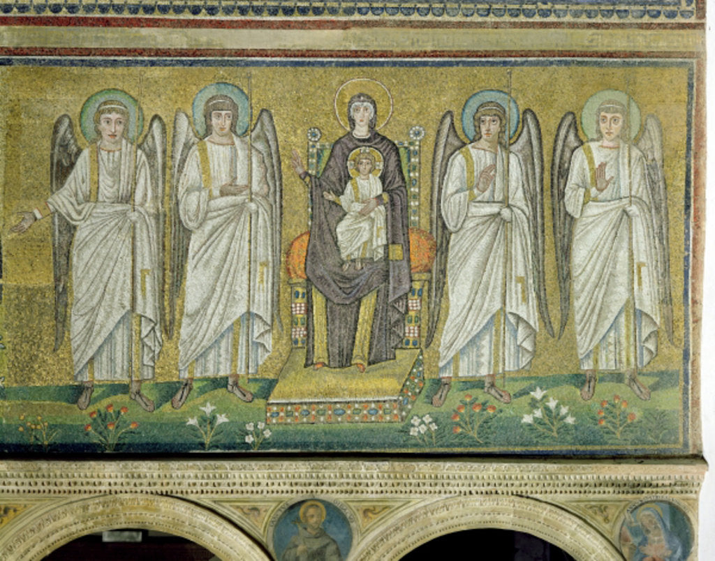 Detail of Madonna and Child enthroned and flanked by angels by Byzantine School