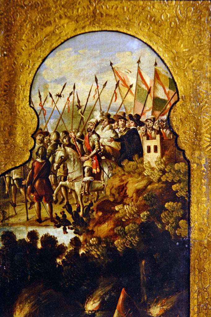 Detail of The arrival of the Spanish, lead by Cortez, in the plateau of Mexico City by Spanish School