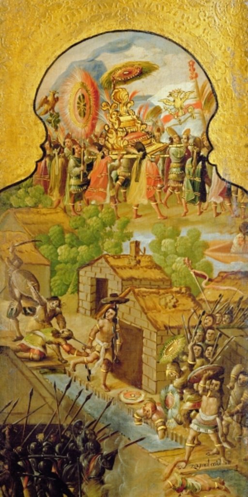 Detail of Capture of Montezuma and clashes with the Spanish on the streets of Tenochtitlan by Spanish School