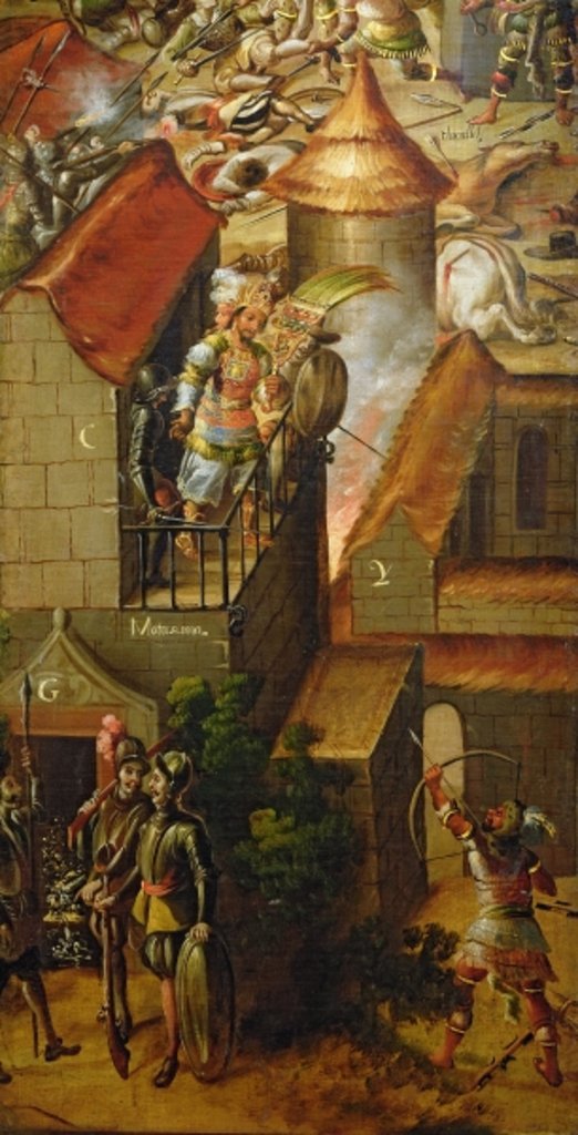 Detail of The murder of Montezuma and the raiding of his treasure by Spanish School