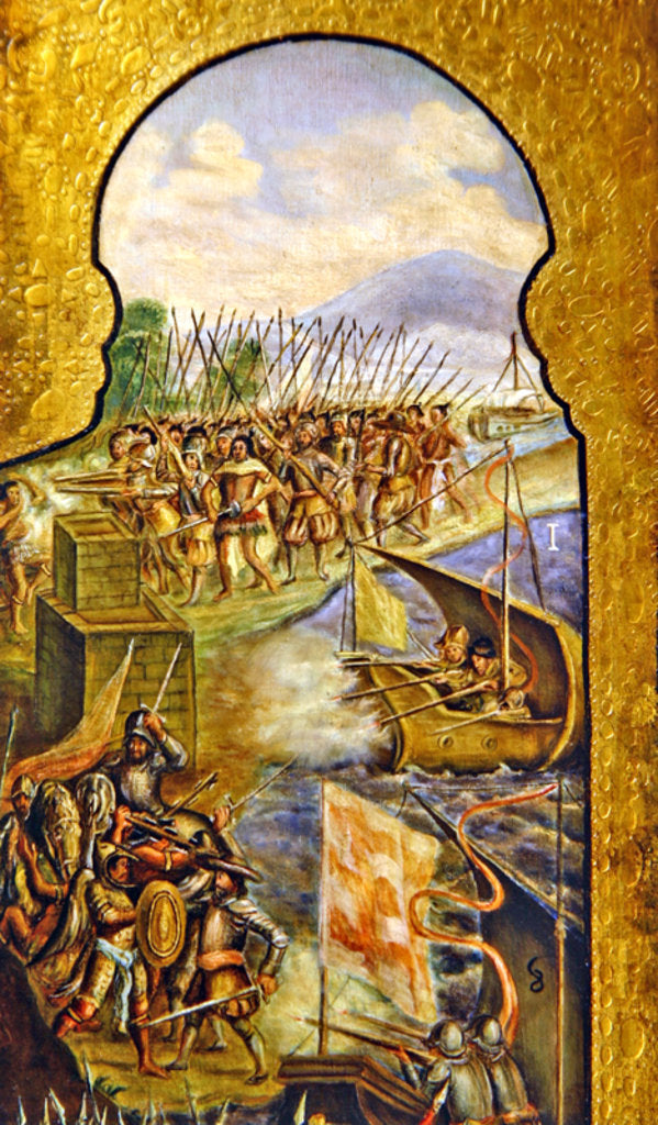 Detail of The Spanish enter Mexico City from the marsh by Spanish School