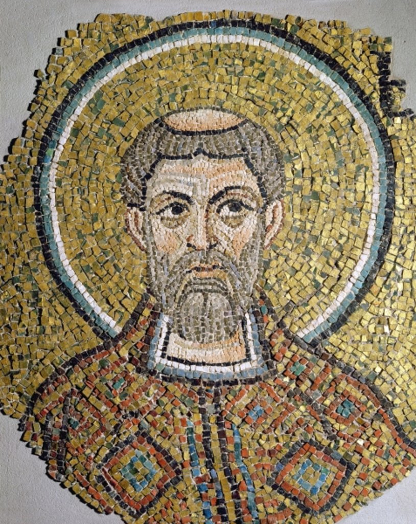 Detail of St. Ursicinus: Fragment of a mosaic from the Basilica Ursiana, the former cathedral of Ravenna by Italian School