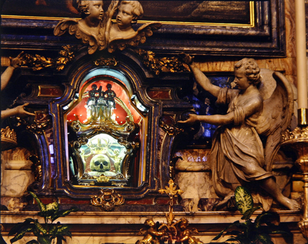 Detail of Relic of the skull of St. Aloysius Gonzaga situated in the high altar by School Italian