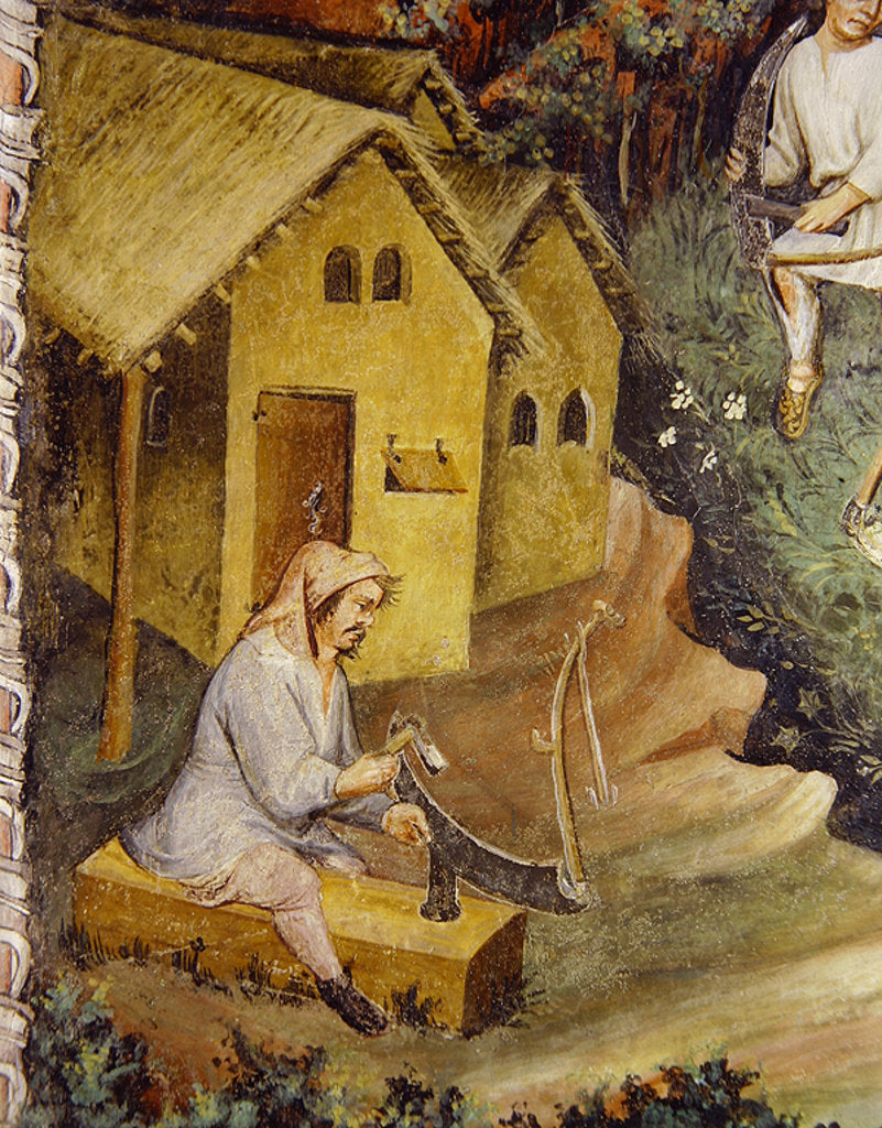 Detail of The farmer prepares the scythe for haymaking by Italian School