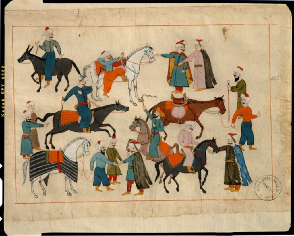 Detail of Ms. cicogna 1971, miniature from the 'Memorie Turchesche' depicting horse traders by Venetian School