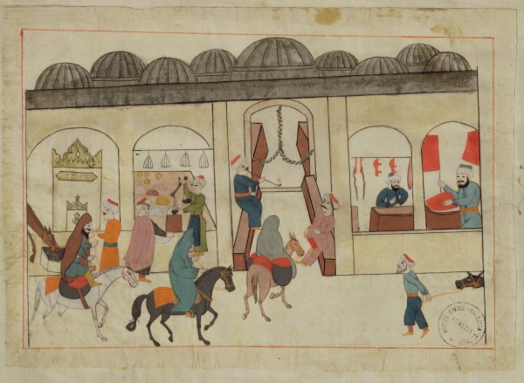 Detail of Ms. cicogna 1971, miniature from the 'Memorie Turchesche' depicting the covered market in Istanbul by Venetian School