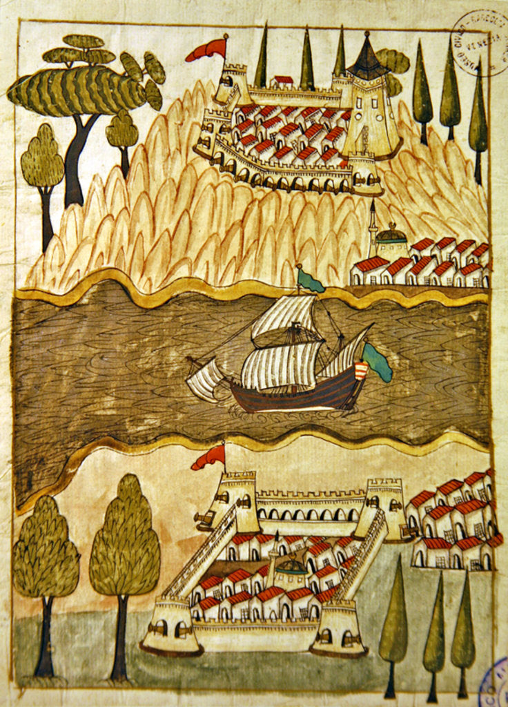 Detail of Ms. cicogna 1971, miniature from the 'Memorie Turchesche' depicting the two great fortresses on the Bosphorus by Venetian School