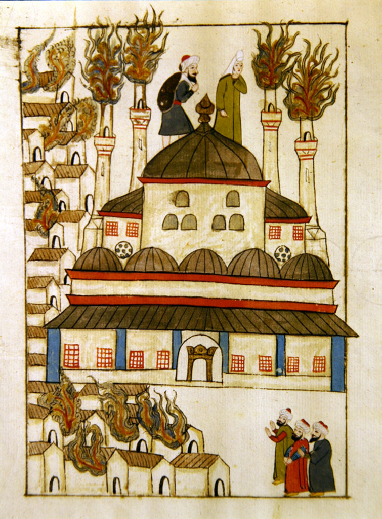 Detail of Miniature from the 'Memorie Turchesche' depicting the Hagia Sophia during the fire of 1660 by Venetian School
