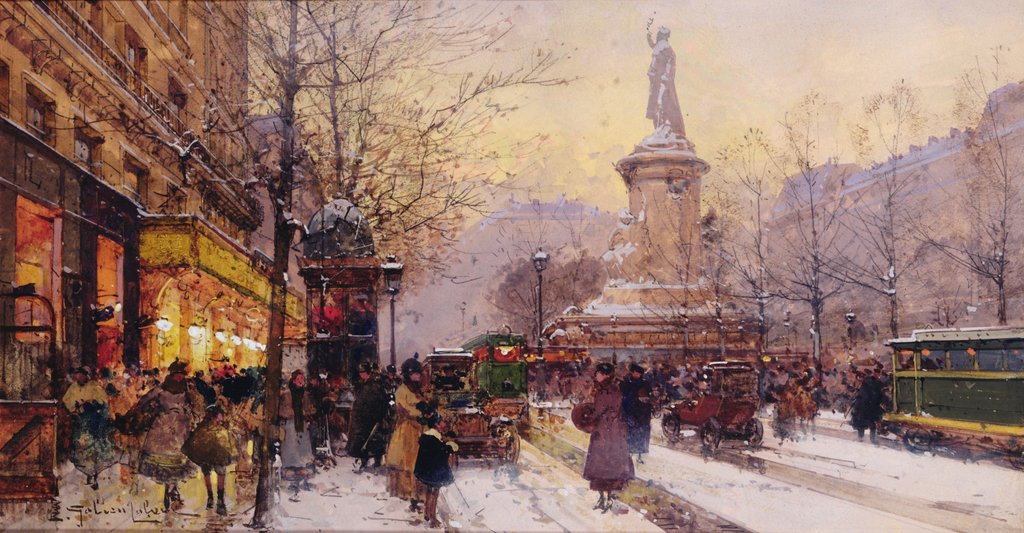 Detail of Winter Paris street scene by Eugene Galien-Laloue