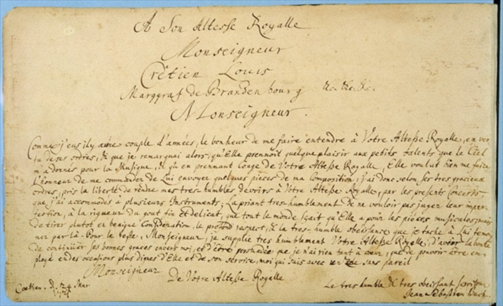 Detail of Handwritten dedication of 'Brandenburger Concertos' to Christian Ludwig, Margrave of Brandenburg 24 March 1721 by Johann Sebastian Bach