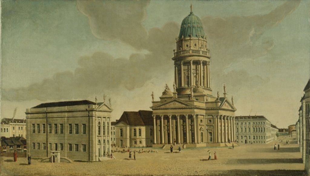 Detail of View of the Gendarmenmarkt with the French playhouse and cathedral, Berlin, 1788 by Karl Friedrich Fechhelm