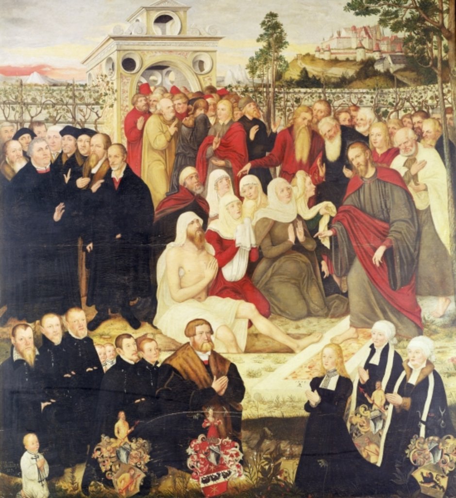 Detail of Reformers' group at a miracle by Lucas the Younger (after) Cranach