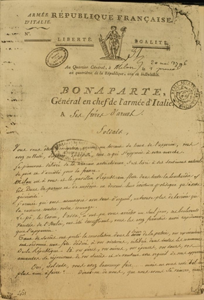 Detail of Instructions to soldiers issued by Napoleon as General of the Italian Army, 20th May 1796 by French School