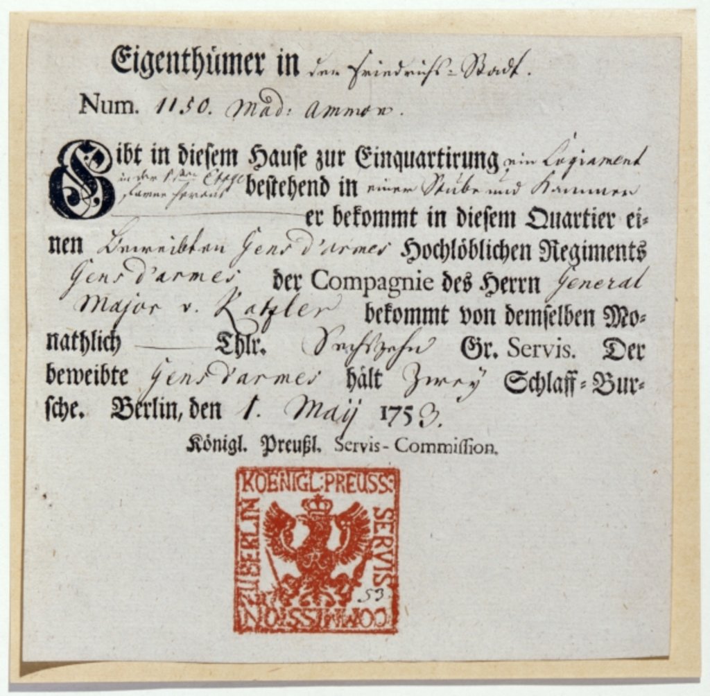 Detail of Billeting voucher, 1759 by German School