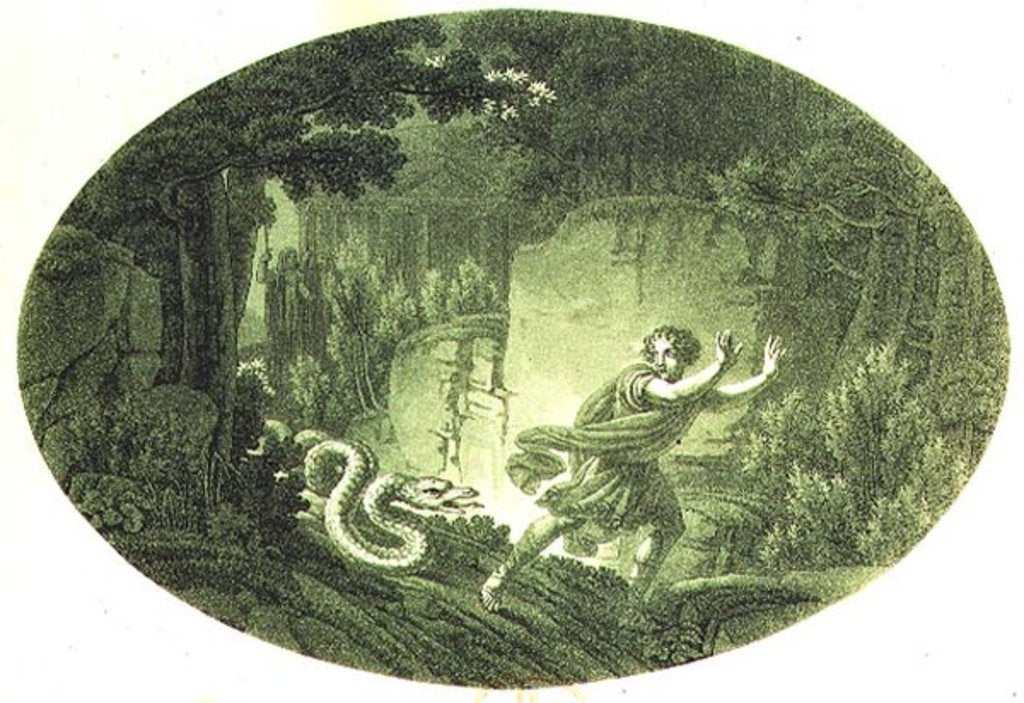Detail of Tamino pursued by a giant serpent, Act I scene I from 'The Magic Flute' by Wolfgang Amadeus Mozart by Austrian School