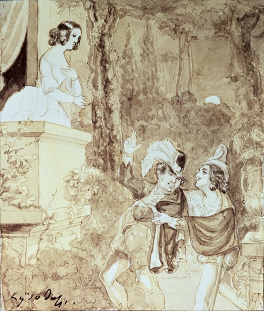 Detail of Leporello serenading Elvira in the guise of Don Giovanni who stands behind him, Act II scene I by Austrian School