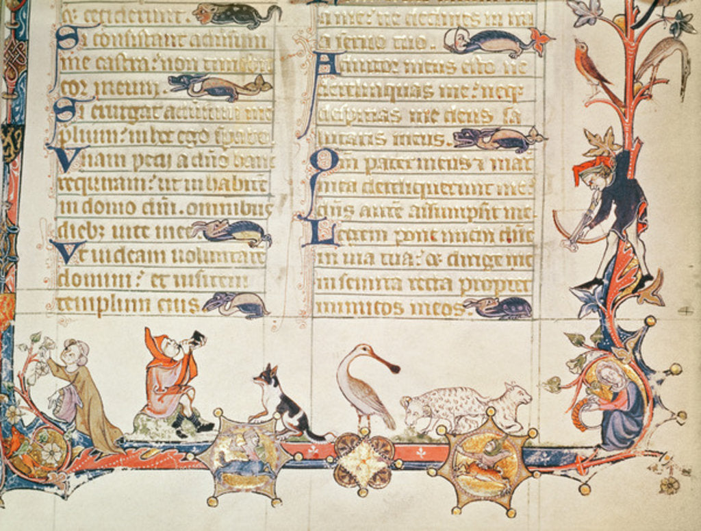 Detail of Illustration from a psalter, depicting various figures, a spoonbill, sheep, centaurs and Reynard the Fox by School English
