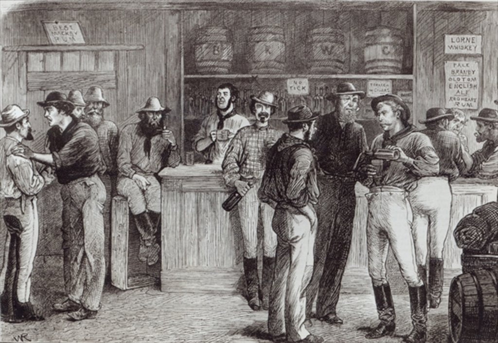 Detail of A general shout, inside a bush tavern, 1878 by English School