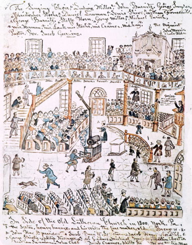 Detail of Inside the Old Lutheran Church, York County, 1800 by Lewis Miller