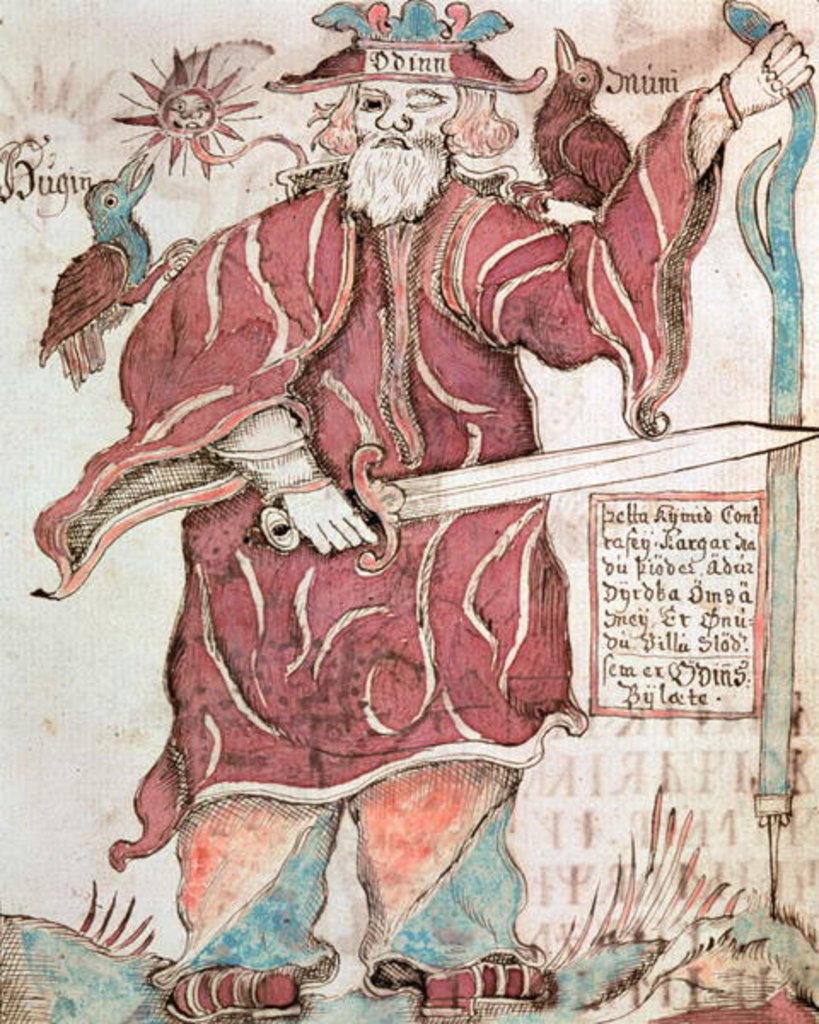 Detail of Odin, with his two crows, Hugin and Munin by Icelandic School