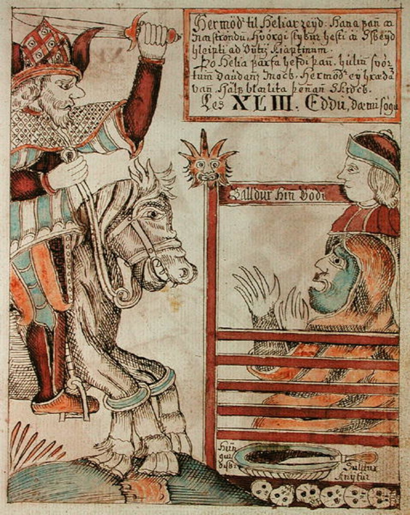 Detail of Hermod astride Sleipnir, his father's famous eight-legged charger, at the barred gates of the Kingdom of Hel by Icelandic School
