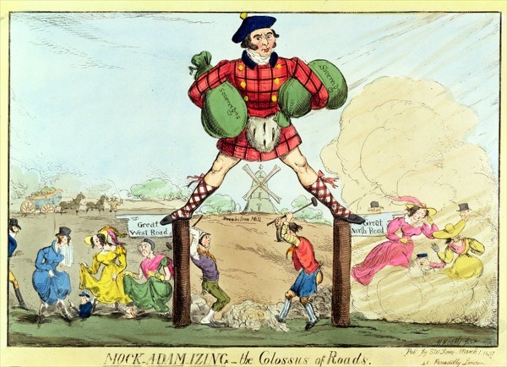 Detail of Mock-Adam-izing: the Colossus of Roads, a lampoon of John MacAdam, 1827 by Anonymous Anonymous