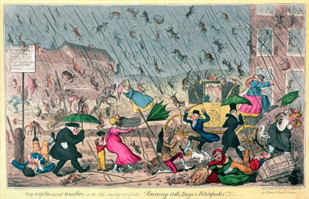 Detail of Very Unpleasant Weather, or the Old Saying verified 'Raining Cats, Dogs and Pitchforks!', pub. by G. Humphrey, 1820 by George Cruikshank