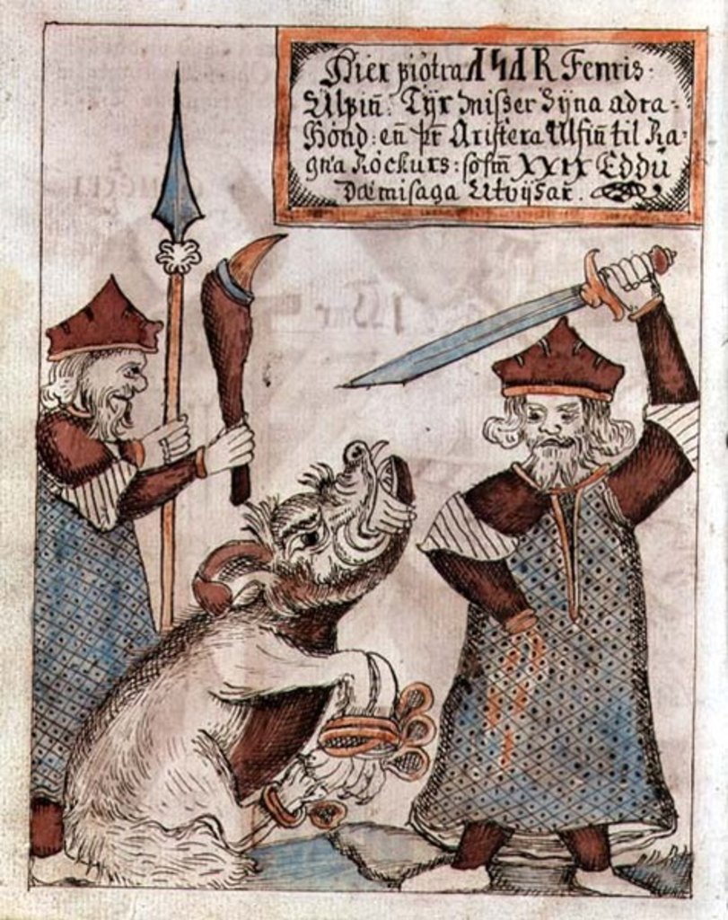 Detail of The Norse god Tyr losing his hand to the bound wolf, Fenrir by Icelandic School