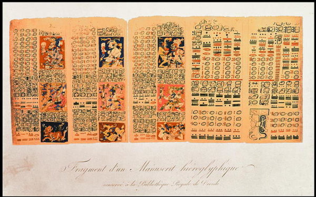 Detail of Copy of a fragment of the Dresden Codex showing Mayan astronomical calculations by School Mexican