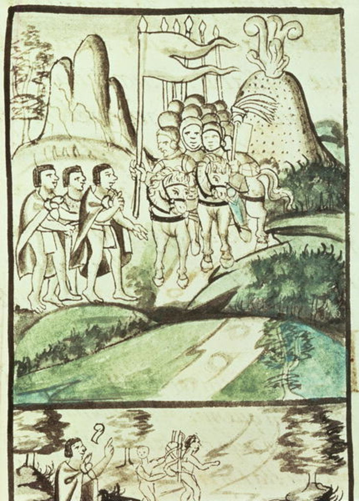 Detail of Cortes entering the Valley of Mexico between the volcanoes of Popocatepetl and Ixtaccihuatl by Mexican School