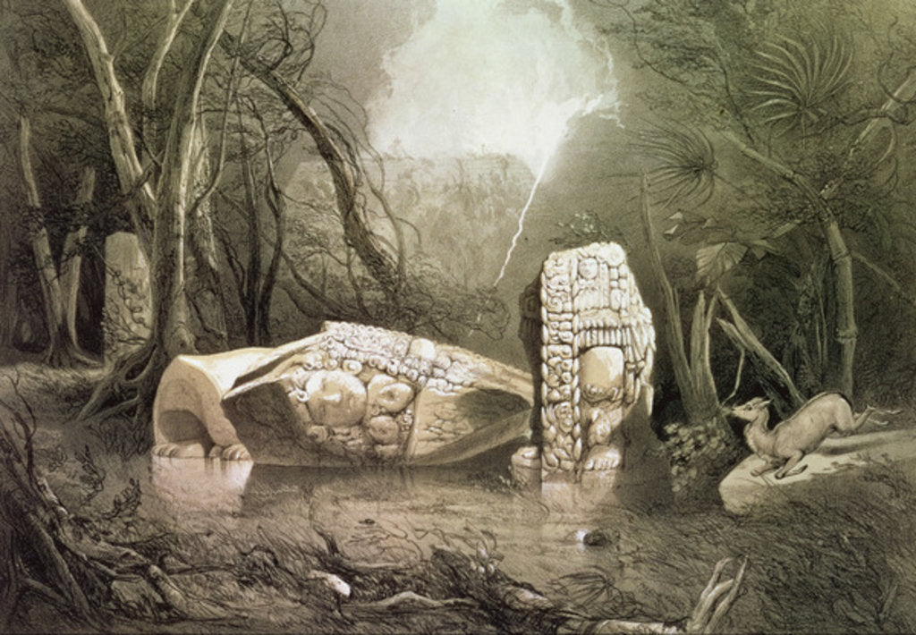 Detail of Broken Mayan idol at Copan, Guatemala by Frederick Catherwood