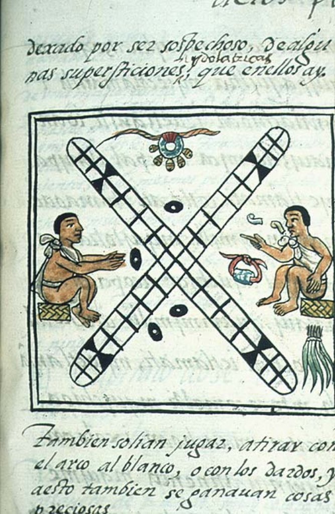 Detail of Aztec men gambling Patoli by Spanish School