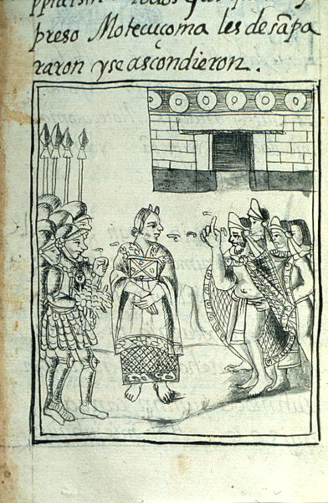 Detail of Marina interpreting for the Spaniards at a meeting between Hernando Cortes and Montezuma by Spanish School