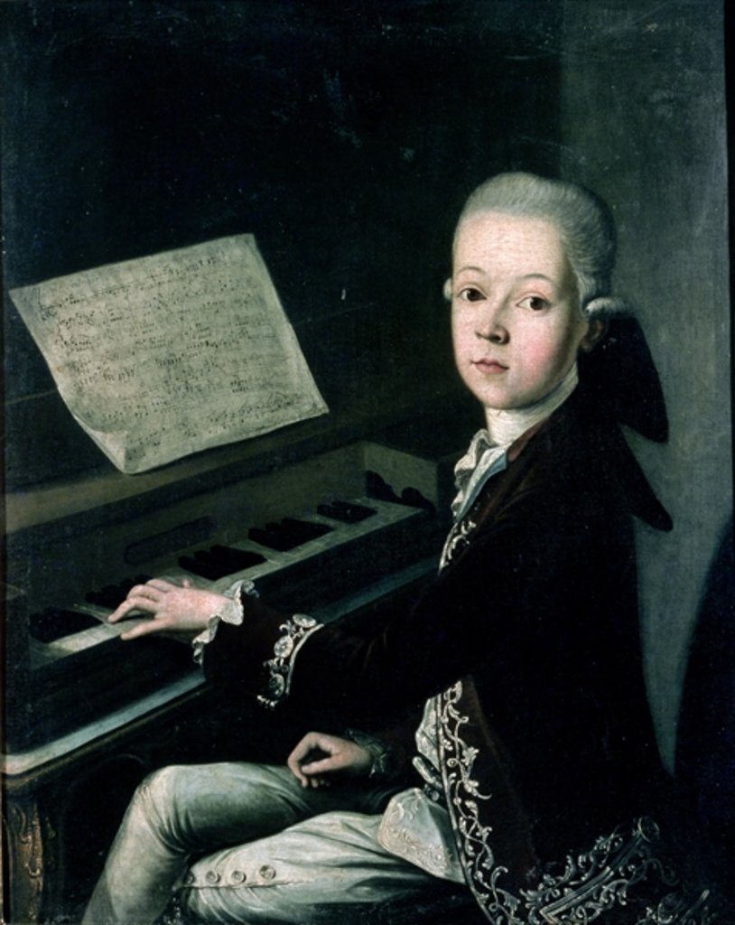 Detail of Portrait of Carl Graf Firmian at the piano, formerly thought to be Wolfgang Amadeus Mozart by Franz Thaddaus Helbling