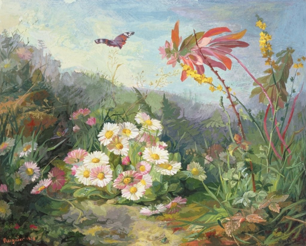 Detail of Wild Flowers and Butterfly, 1858 by Jean-Marie Reignier