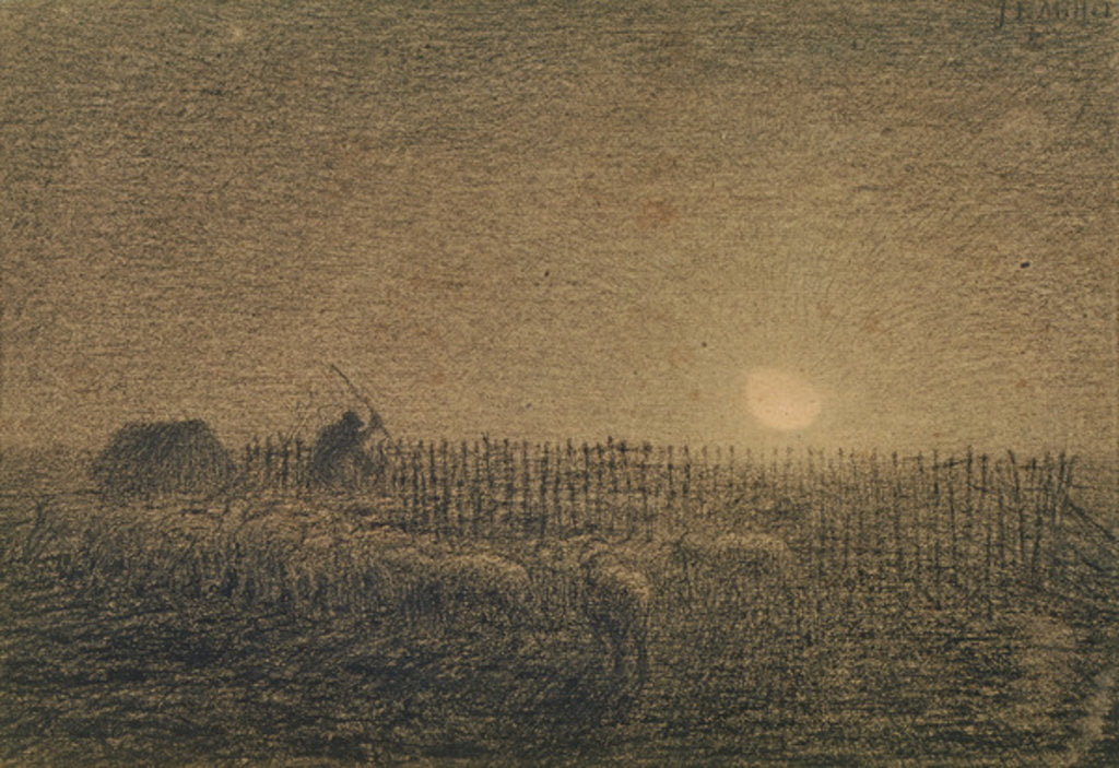 Detail of The Shepherd at the Fold by Moonlight by Jean-Francois Millet