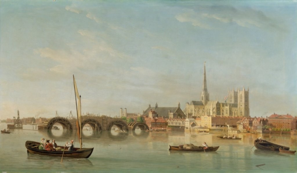 Detail of The Building of Westminster Bridge with an imaginary view of Westminster Abbey, c.1742 by Samuel Scott